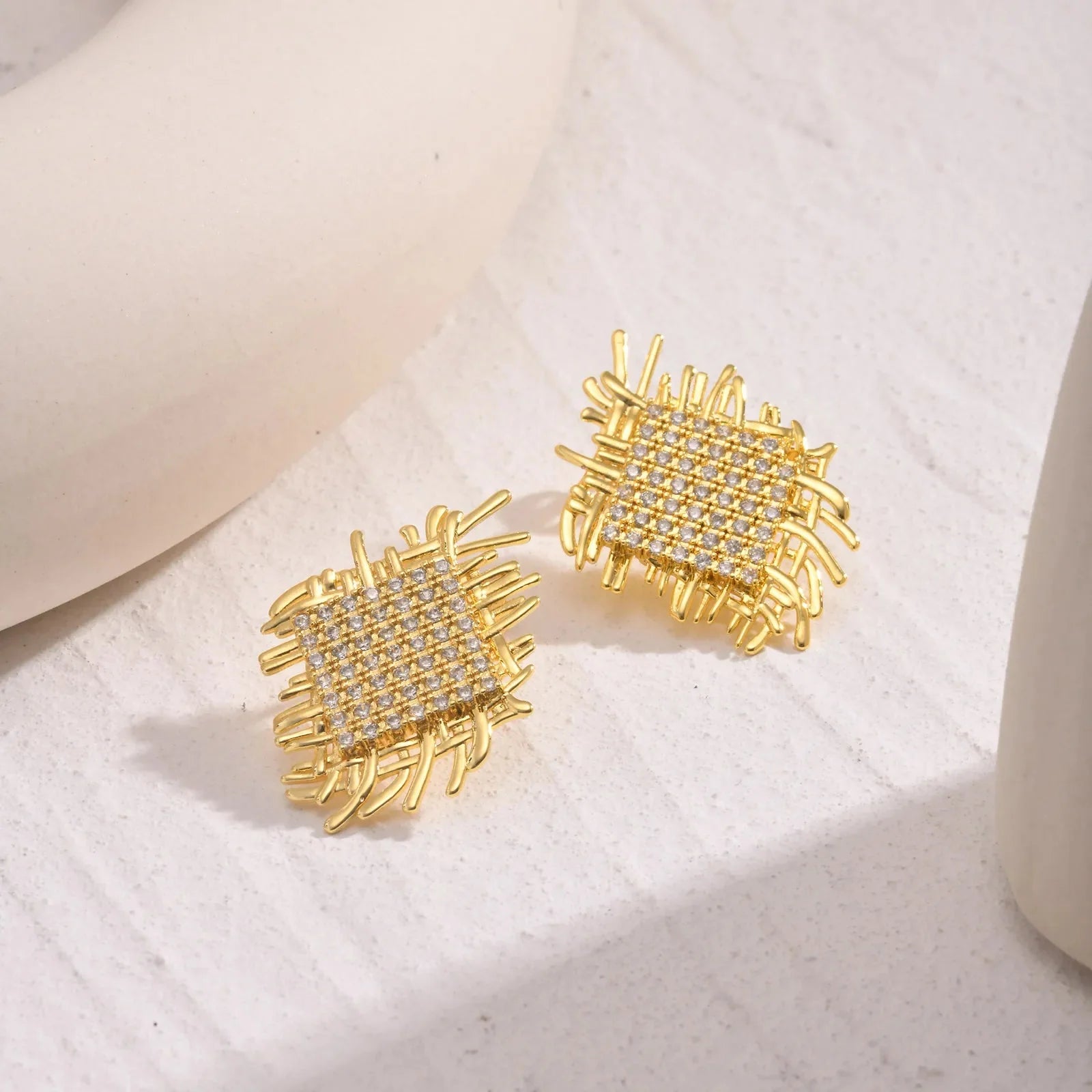 14k Braided Diamond Square Earrings